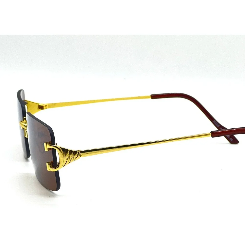 Men Sunglasses Dark Brown Lens Gold Accents Rectangle Frame Men's Fashion Trendy